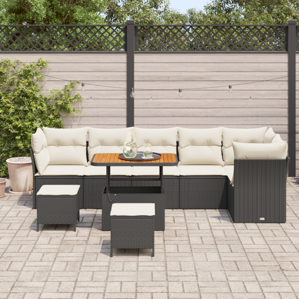 Conjunto de Sofá de Jardim de 9 Peças com Almofadas Preto Rattan Poliéster Acácia M 3