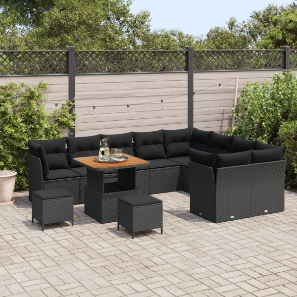 Conjunto de Sofá para Jardim  12 Peças com Almofadas Preto Rattan Poliéster Acácia M 3