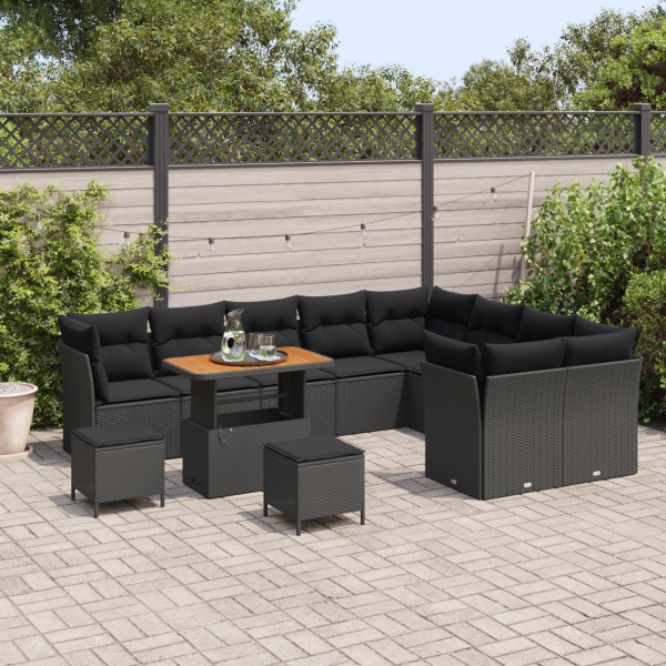 Conjunto de Sofá de Jardim de 12 Peças com Almofadas Preto Rattan Poly Acácia M 3
