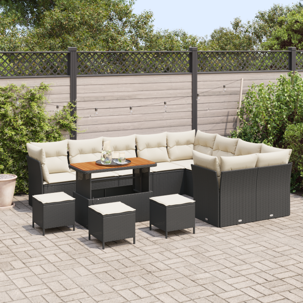 Conjunto de Sofá de Jardim 13 Peças com Almofadas Preto Rattan PE Acácia M 3