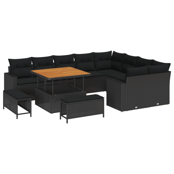 Conjunto de Sofás para Jardim com Almofadas  12 Peças Preto Rattan PE Acácia M 2