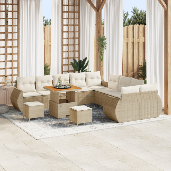 Conjunto de Sofá de Jardín  de 13 Piezas con Cojines Beige Poliratán Acacia D