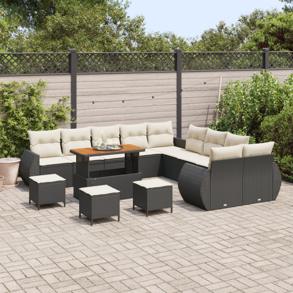 Conjunto de Sofás de Jardim  de 14 Peças com Almofadas Preto Rattan Poliéster Acácia M 3