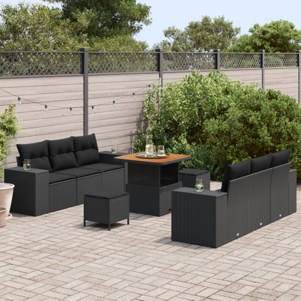 Conjunto de Sofá de Jardim de 9 peças com Almofadas Preto Rattan Sintético Acácia M 3