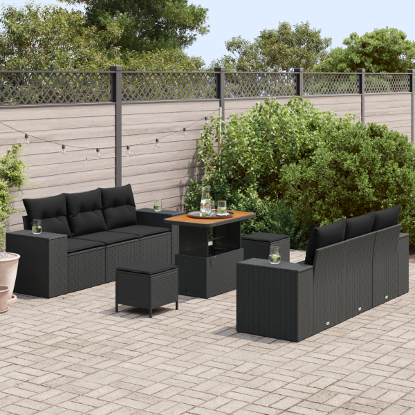 Conjunto de Sofá de Jardim  de 9 peças com Almofadas Preto Rattan Poliéster Acácia M 3