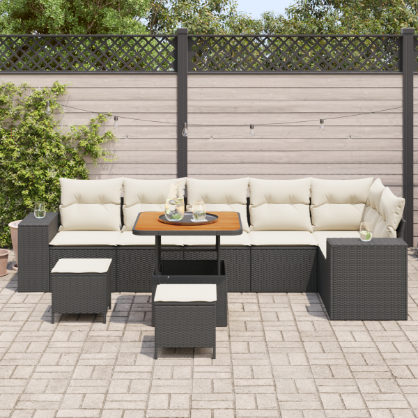 Conjunto de Sofá para Jardim com 9 Peças e Almofadas de Rattan Poliéster Preto Acácia M 3