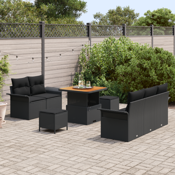Conjunto de Sofás de Jardim  de 8 peças com Almofadas Preto Rattan de Polietileno Acácia M 3