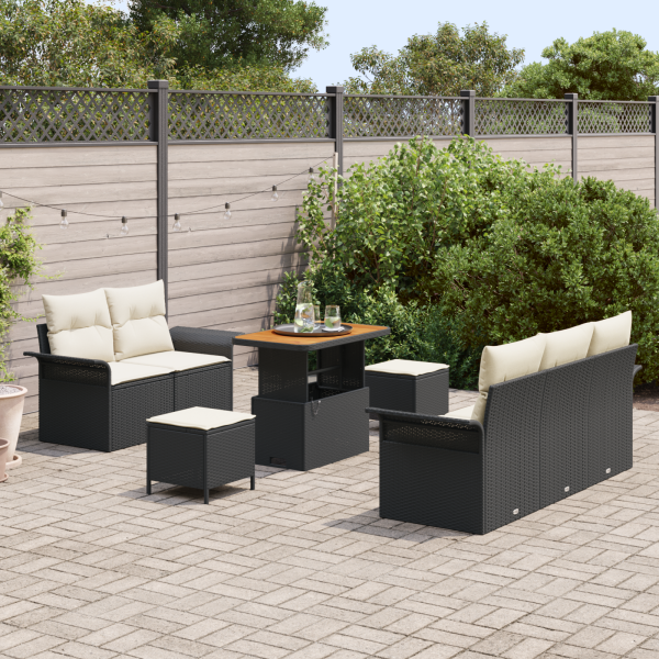 Conjunto de Sofá de Jardim  com Almofadas Preto Poli Rattan Acácia M 3