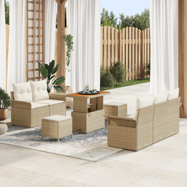 Conjunto de Sofás de Jardín de 8 Piezas con Cojines Beige Poliratán Acacia D