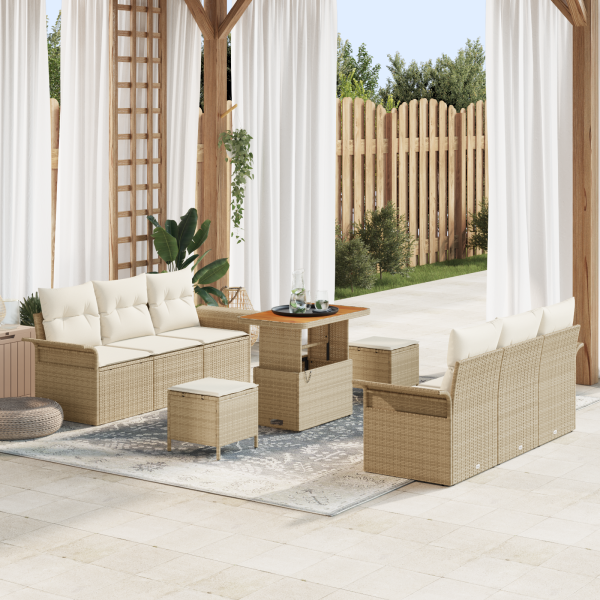 Conjunto de Sofás de Jardín de 9 Piezas con Cojines Beige Ratán Poli Acacia D