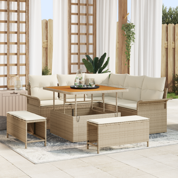 Conjunto de Sofá de Jardín de 8 Piezas con Cojines Beige de Rattan de Polietileno Acacia D