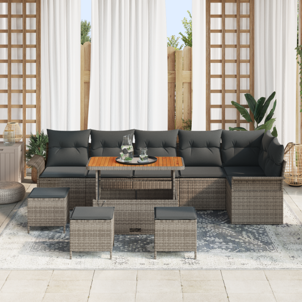 Conjunto de Sofá de Jardim  de 10 Peças com Almofadas Cinza Rattan PE Acácia M 3