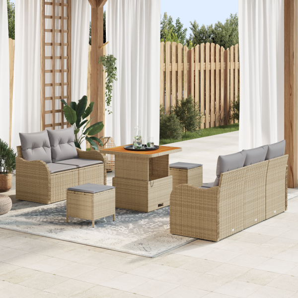 Conjunto de Sofás de Jardín de 8 Piezas con Cojines Beige Polirratán Acacia D