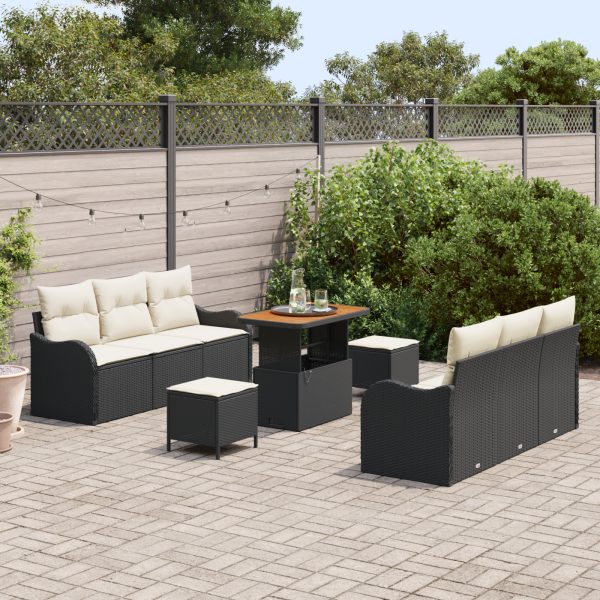 Conjunto de Sofá de Jardim  de 9 Peças com Almofadas Rattan Preto Acácia M 3