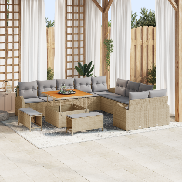 Conjunto de Sofá de Jardín de 13 Piezas con Cojines Beige Poliratán Acacia D