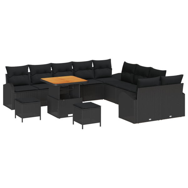 Conjunto de Sofá de Jardim  de 13 Peças com Almofadas Preto Rattan PE Acácia M 2