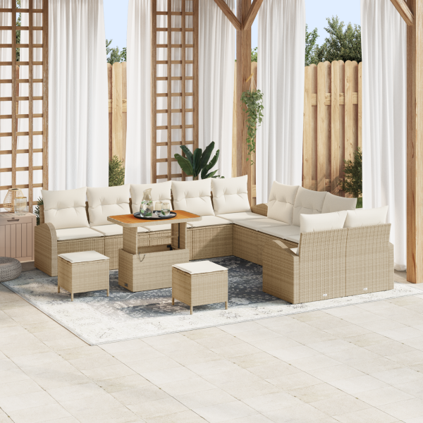 Conjunto de sofá de jardín de 13 piezas con cojines beige de ratán sintético y acacia D