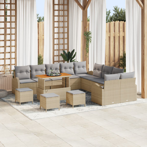 Conjunto de Sofás de Jardín de 14 Piezas con Cojines Beige Poliratán Acacia D