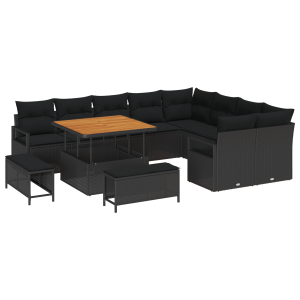 Conjunto de Sofás de Jardim com 12 Peças com Almofadas Preto Rattan Acácia H