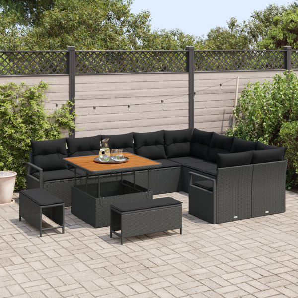 Conjunto de Sofás de Jardim com 12 Peças com Almofadas Preto Rattan Acácia M 3