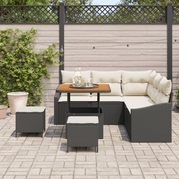 Conjunto de Sofá para Jardim  de 8 Peças com Almofadas Preto Rattan Sintético Acácia M 3
