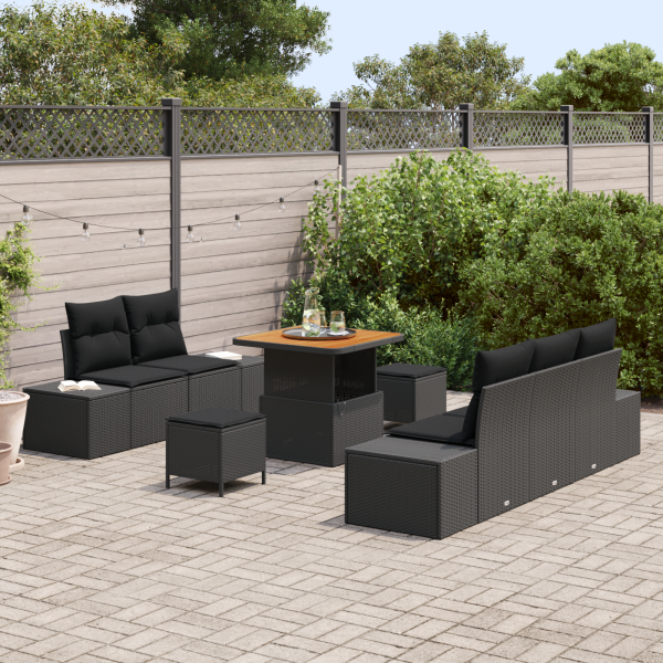 Set de Sofá de Jardín de 8 Piezas con Cojines Ratán Poliéster Negro Acacia M 3