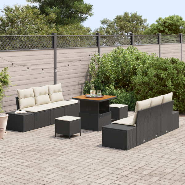 Conjunto de Sofá de Jardim  9 Peças com Almofadas Preto Rattan Polimérico Acácia M 3