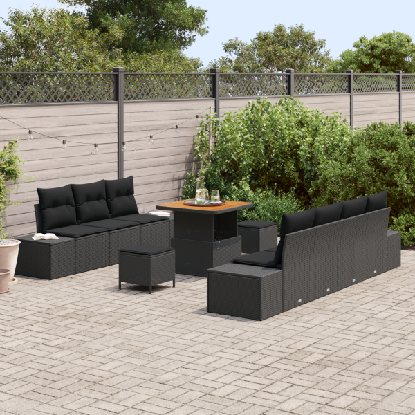 Conjunto de Sofá de Jardim  de 10 Peças com Almofadas Preto Rattan Sintético Acácia M 3