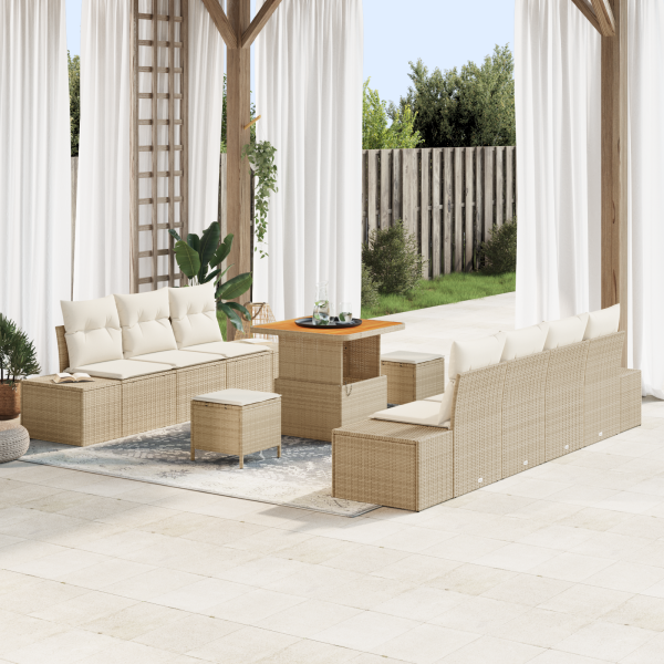 Conjunto de Sofás de Jardín de 10 Piezas con Cojines Beige Poliratán Acacia D