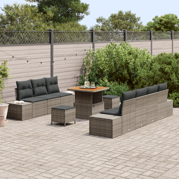 Conjunto de Sofá de Jardim  de 10 Peças com Almofadas Cinza Rattan PE Acácia M 3