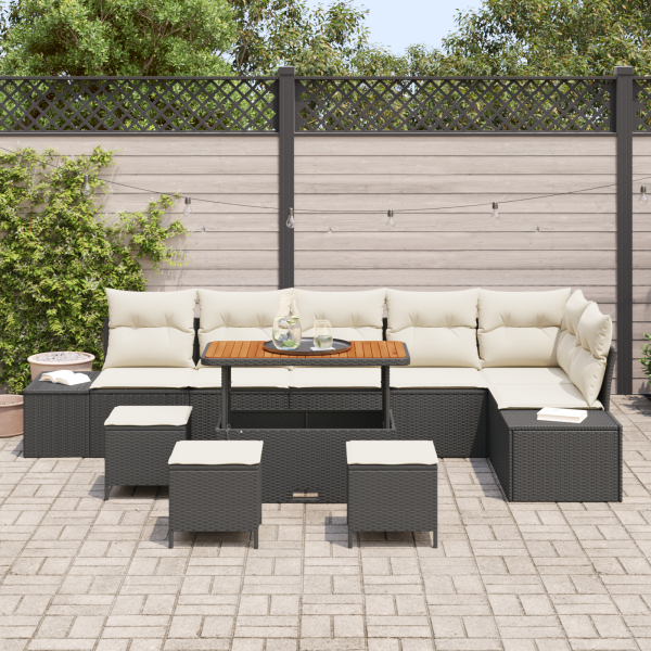Conjunto de Sofá de Jardim com 10 Peças e Almofadas Rattan Poliéster Preto Acácia. M 3