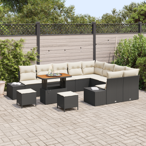 Conjunto de Sofá de Jardim de 12 peças com Almofadas Rattan Preto Acácia M 3