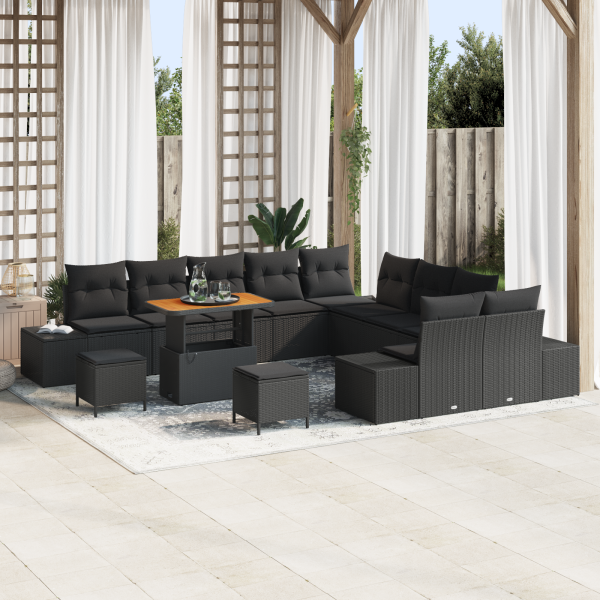 Juego de Sofá de Jardín  de 13 piezas con cojines Negro Poliratán Acacia D