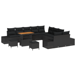 Conjunto de Sofá de Jardim  13 Peças com Almofadas Preto Poli Rattan Acácia H