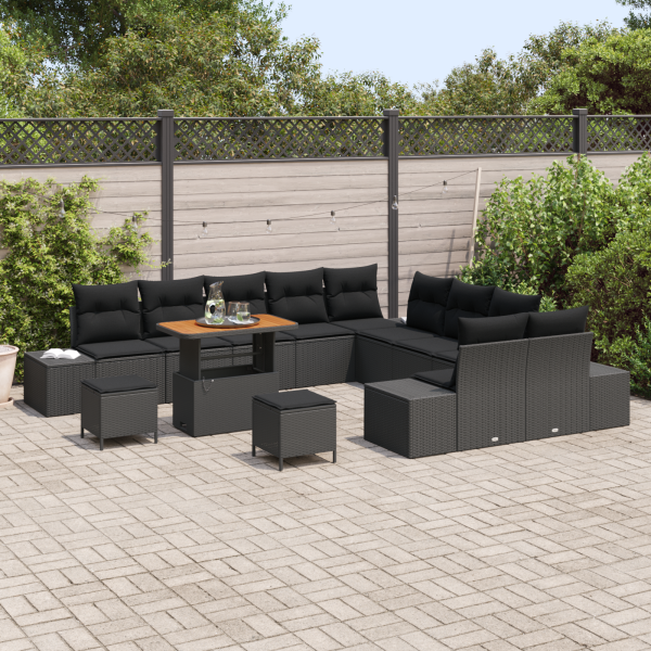 Conjunto de Sofá de Jardim  13 Peças com Almofadas Preto Poli Rattan Acácia M 3