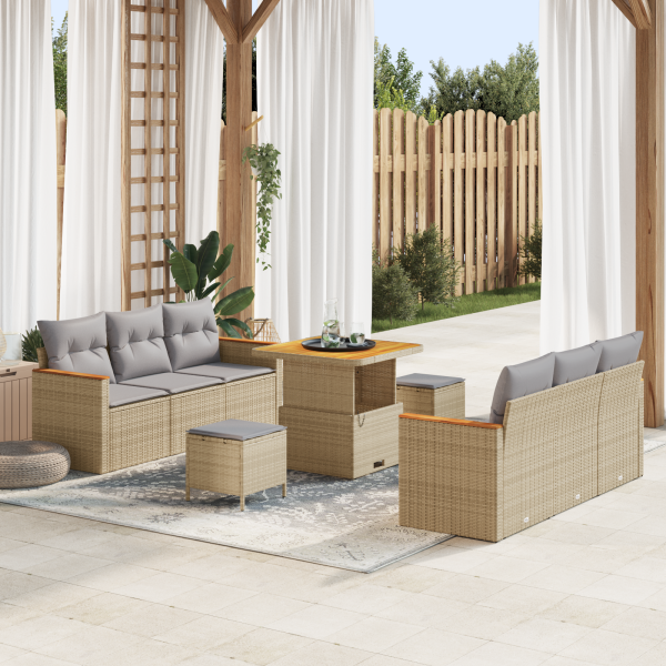 Conjunto de sofá de jardín de 9 piezas con cojines Ratán Beige Acacia D