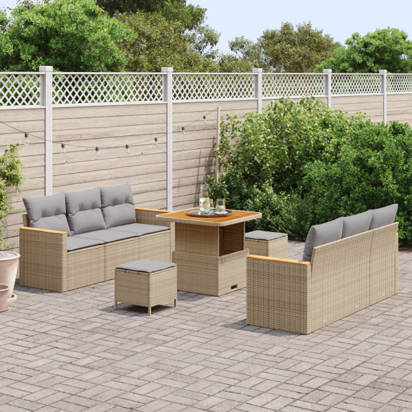 Conjunto de sofá de jardín de 9 piezas con cojines Ratán Beige Acacia M 3