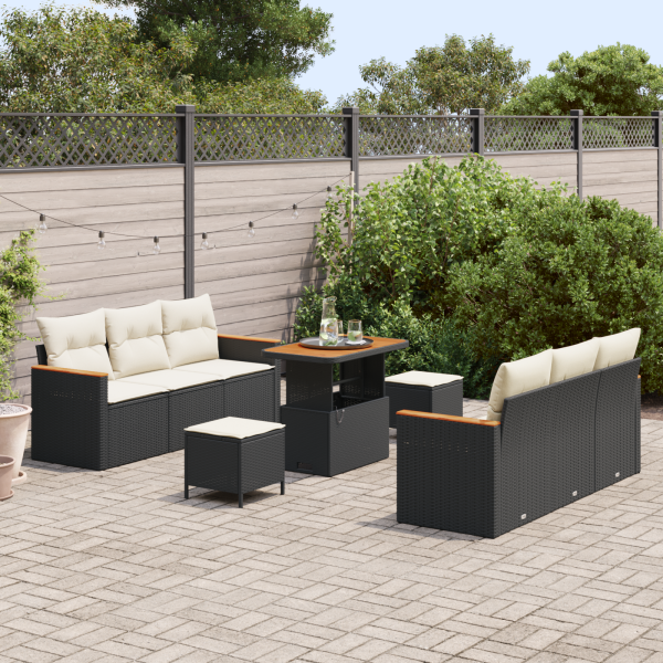 Conjunto de Sofás de Jardim  com Almofadas Preto Rattan Poliéster Acácia M 3