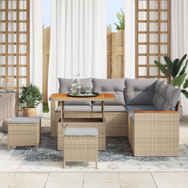 Conjunto de Sofá para Jardim  com Almofadas Bege Rattan Poliéster Acácia M 3