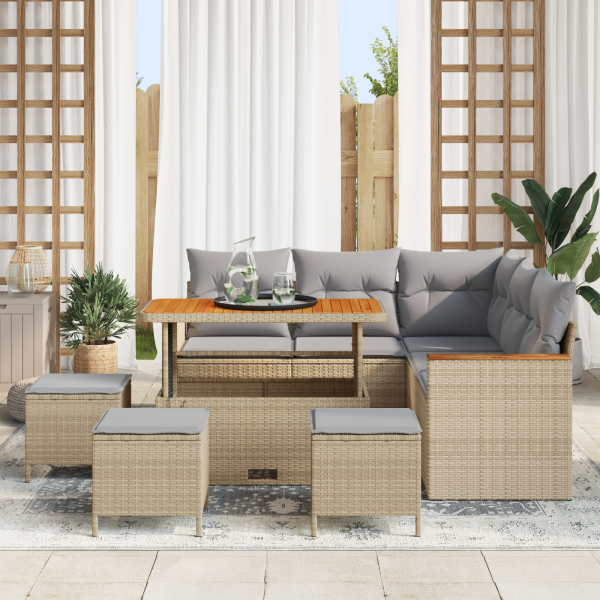 Set de Sofás de Jardín de 9 Piezas con Cojines Beige de Ratán Sintético y Acacia M 3