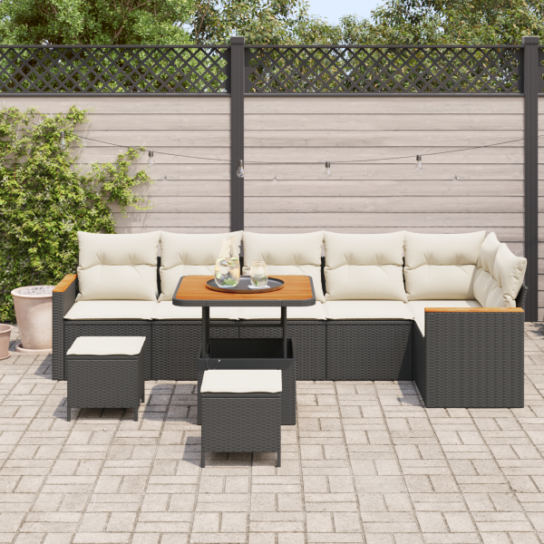 Conjunto de Sofá de Jardim de 9 Peças com Almofadas Preto Rattan Sintético Acácia M 3