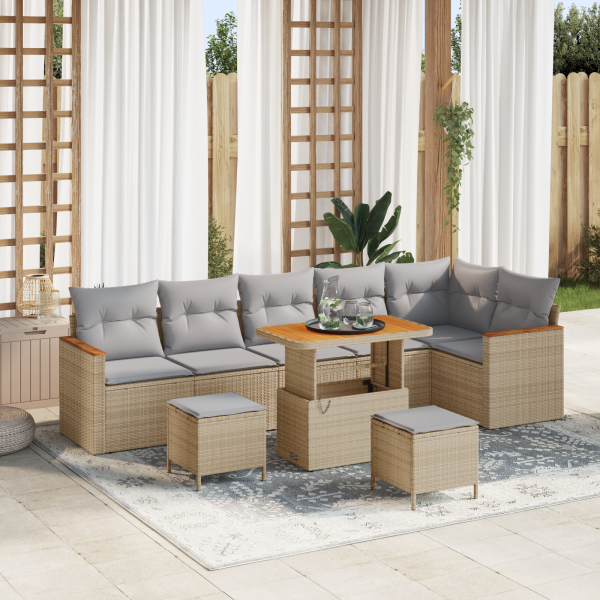 Conjunto de Sofá de Jardín de 9 Piezas con Cojines Beige Ratán Poliéster Acacia D