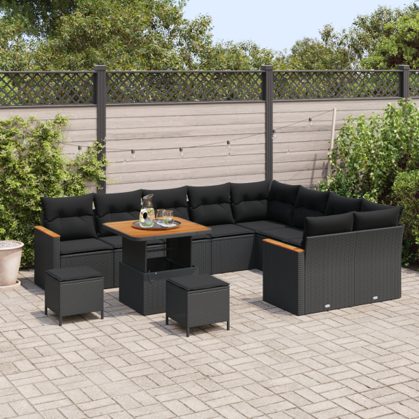 Conjunto de Sofá de Jardim  com Almofadas Preto Rattan Poliéster Acácia M 3