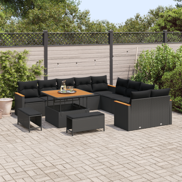 Conjunto de Sofá de Jardim com Almofadas de 13 Peças Preto Poly Rattan Aço M 3