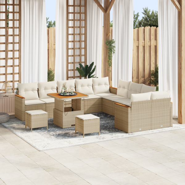 Conjunto de Sofá de Jardín de 13 Piezas con Cojines Poliratán Beige Acacia D