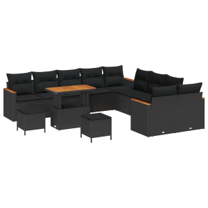 Conjunto de Sofás de Jardim com Almofadas  13 Peças Preto Rattan Sintético Acácia H