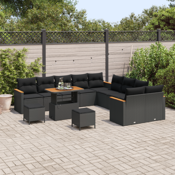 Conjunto de Sofás de Jardim com Almofadas  13 Peças Preto Rattan Sintético Acácia M 3