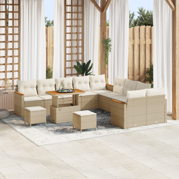 Conjunto de Sofá de Jardín  de 13 Piezas con Cojines Beige Poliratán Acacia D