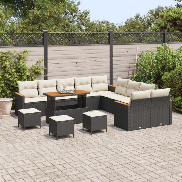 Conjunto de Sofá de Jardim  com 14 Peças e Almofadas Preto Polyrattan Acácia M 3