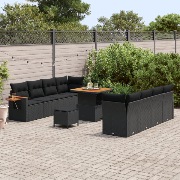 Conjunto de Sofá de Jardim de 11 Peças com Almofadas Rattan Poly Preto Acácia M 3